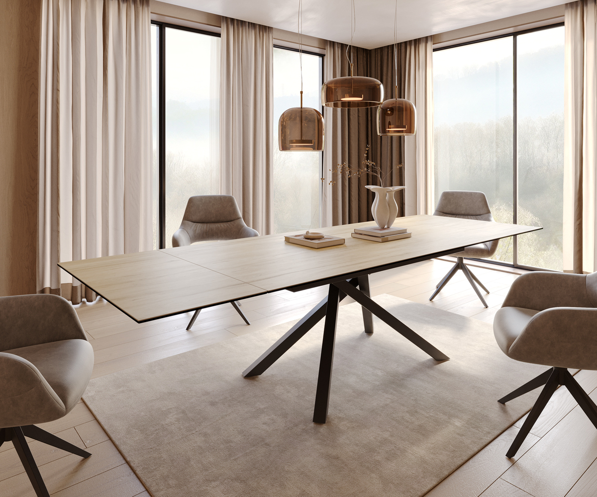 Bild 1 von Esstisch Edge 200-300x100 Keramik Laminam® Sabbia Eichefarbig Kreuzgestell Rechteck Schwarz ausziehbar