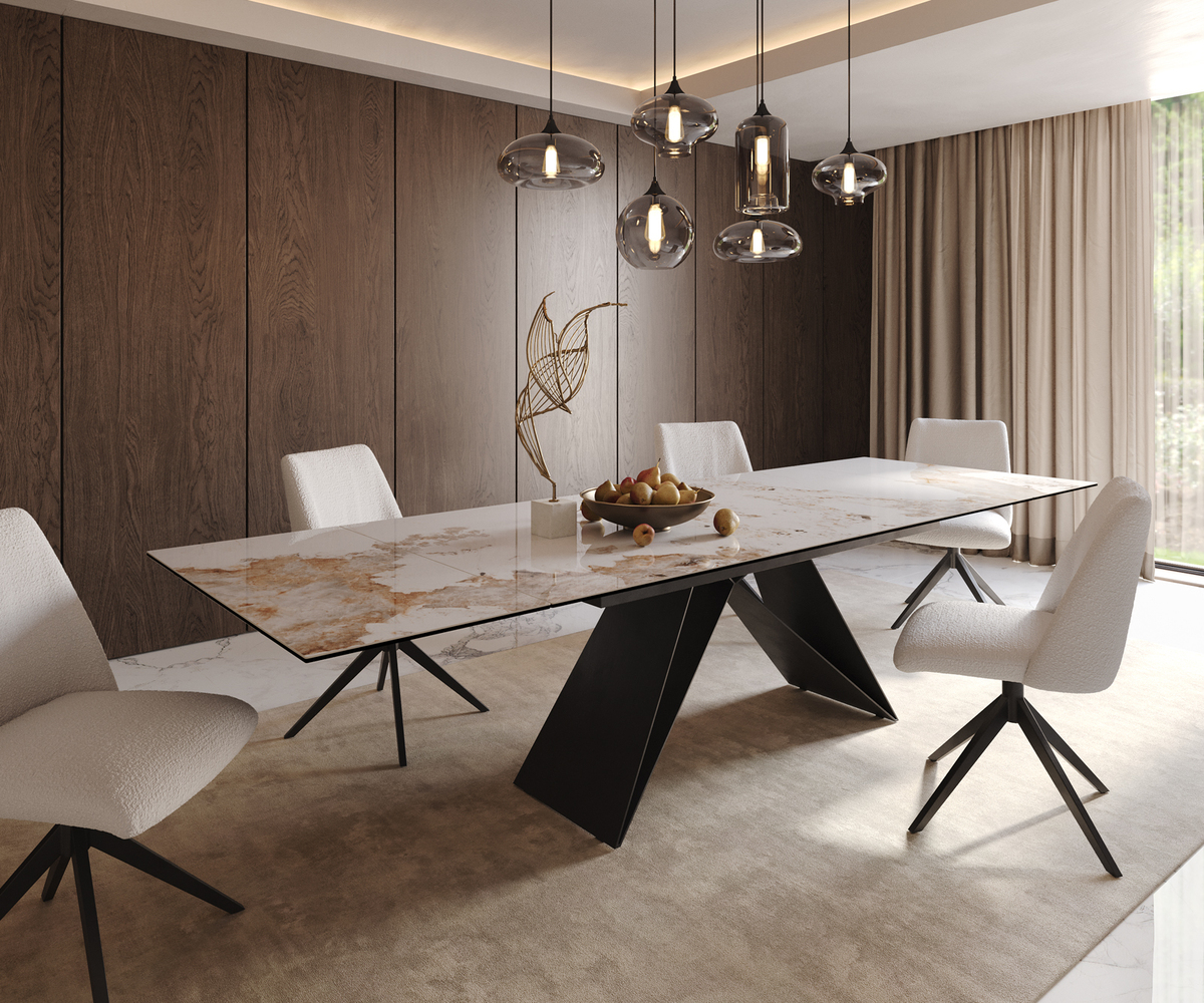 Bild 1 von Esstisch Edge 200-300x100 Keramik Minas Melange Weiß-Beige V-Gestell Flachstahl Schwarz ausziehbar