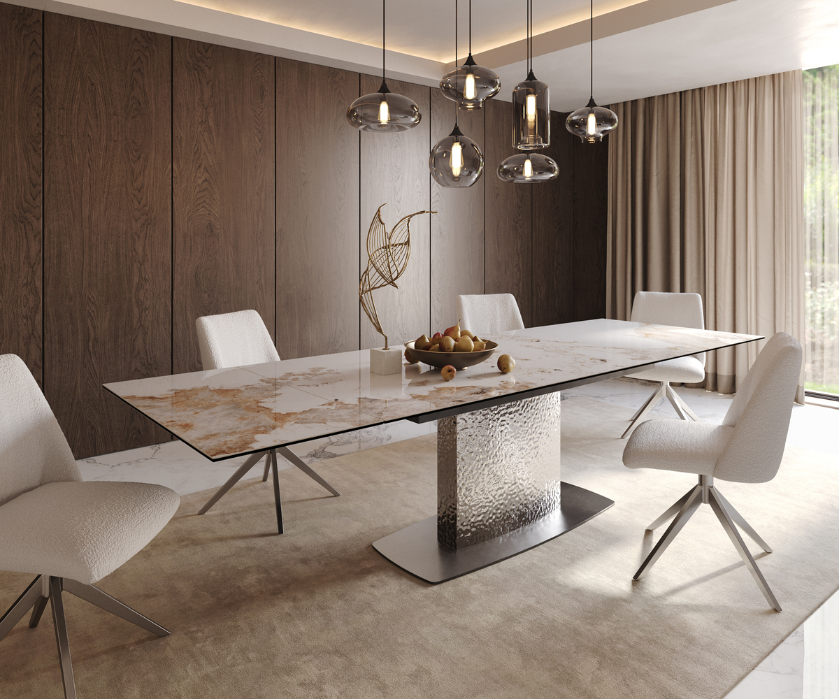 Bild 1 von Esstisch Edge 200-300x100 Keramik Minas Melange Weiß-Beige Wave Edelstahl ausziehbar