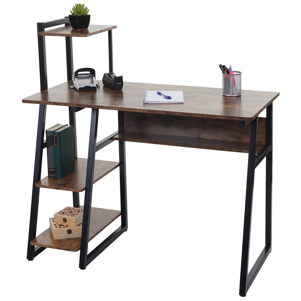Bild 1 von Schreibtisch mit Regal MCW-K68, Laptoptisch Bürotisch Arbeitstisch, MVG-zertifiziert 100x50cm, Metall MDF ~ braun