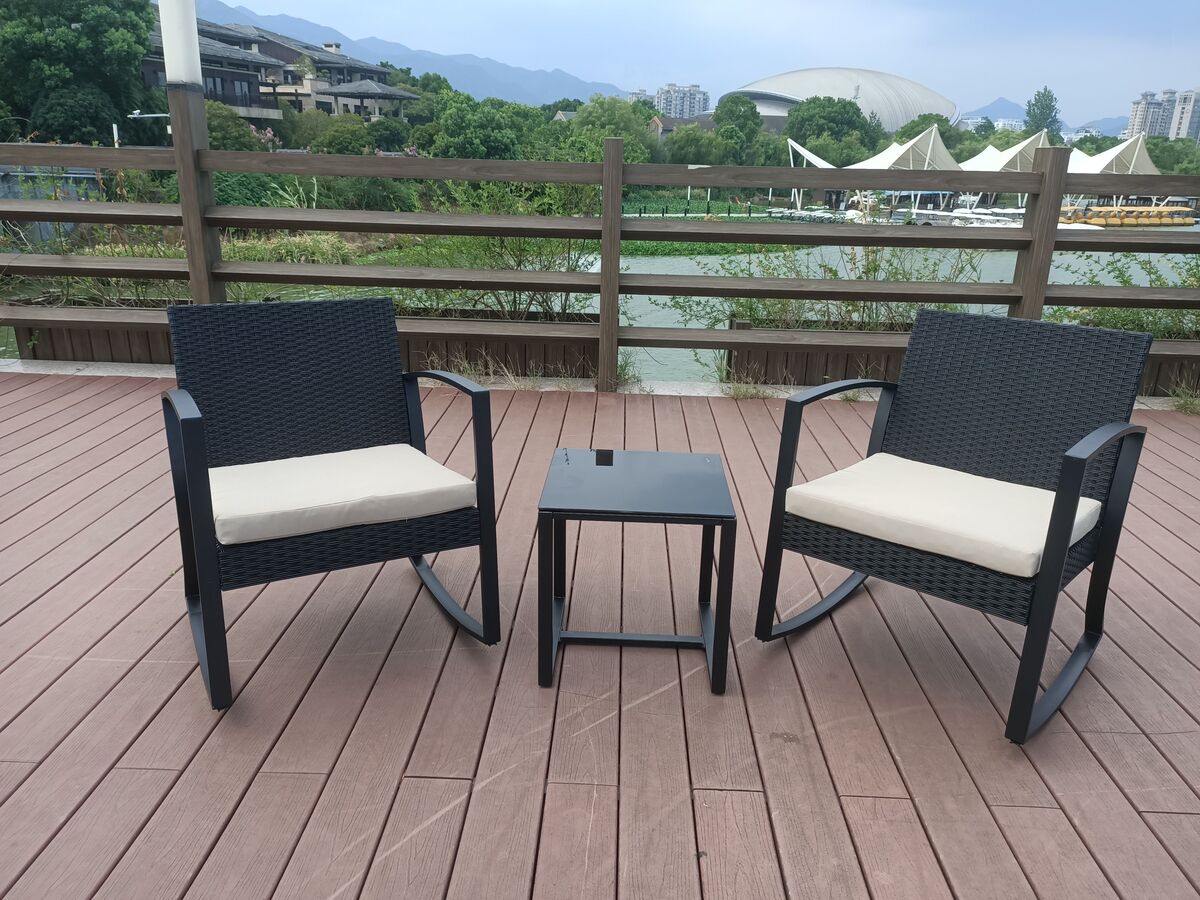 Bild 1 von 3 tlg. Rattan Schaukelstuhl Set Balkonset schwarz