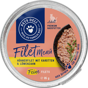 Pets Deli Nassfutter Filet-Menü mit Hühnerfilet, Karotten & Löwenzahn für Katzen, 85 g