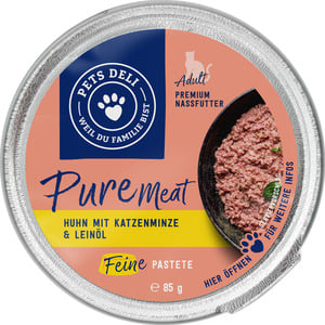 Pets Deli Nassfutter Pure Meat Huhn mit Katzenminze & Leinöl für Katzen, 85 g