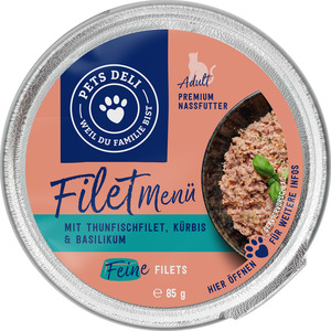 Pets Deli Nassfutter Filet-Menü mit Thunfisch, Putenfilet, Kürbis & Basilikum, 85 g