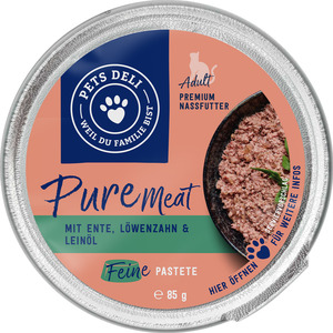 Pets Deli Nassfutter Pure Meat Ente mit Huhn, Löwenzahn & Leinöl für Katzen, 85 g