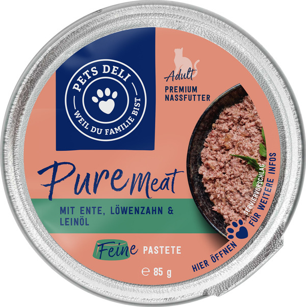 Bild 1 von Pets Deli Nassfutter Pure Meat Ente mit Huhn, Löwenzahn & Leinöl für Katzen, 85 g