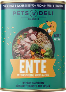 Pets Deli Nassfutter Ente mit Buchweizen, Kürbis, Fenchel & Chia für Hunde, 400 g