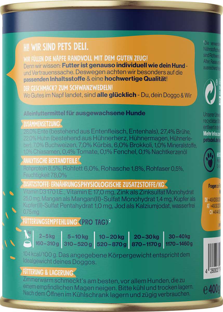 Bild 2 von Pets Deli Nassfutter Ente mit Buchweizen, Kürbis, Fenchel & Chia für Hunde, 400 g