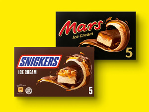 Snickers/Mars/Bounty Eisriegel, 
         5x 50,3/5x 49,5/5x 50,1/5x 44,6 ml