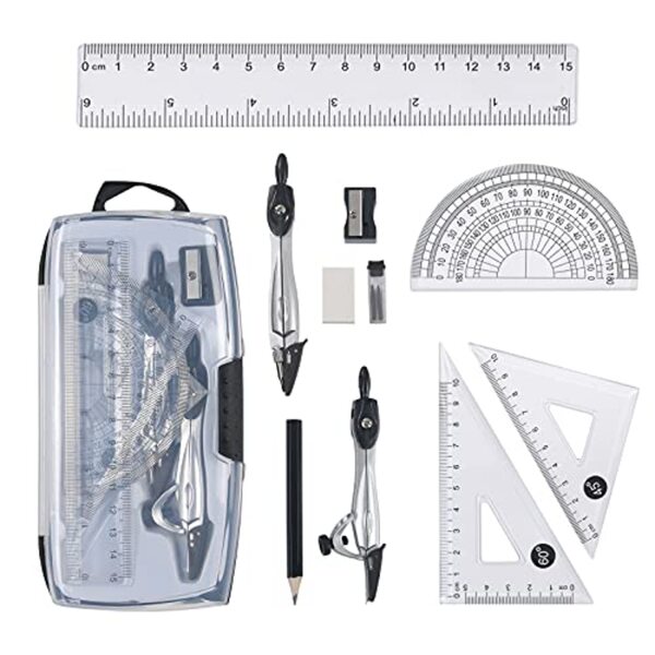 Bild 1 von Vicloon Geometrie Set, 10 Stück Mathematik Set mit Bruchsicheren Aufbewahrungsbox, inkl Zirkel, Winkelmesser, Geodreieck, Bleimine Minen, Bleistift, Radiergummi & Spitzer für Schule Mathematik