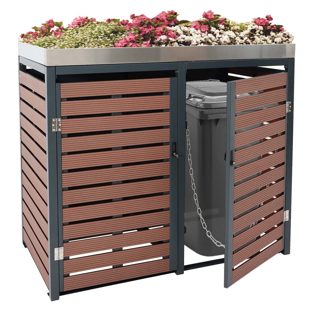 Bild 1 von 2er Mülltonnenverkleidung MCW-K14, Mülltonnenbox mit Pflanzkasten, 124x134x84cm WPC Edelstahl 79kg ~ Walnuss-Holzoptik