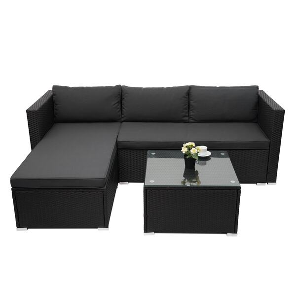 Bild 1 von Poly-Rattan Garnitur MCW-F57, Balkon-/Garten-/Lounge-Set Sofa Sitzgruppe ~ schwarz, Kissen dunkelgrau ohne Deko-Kissen