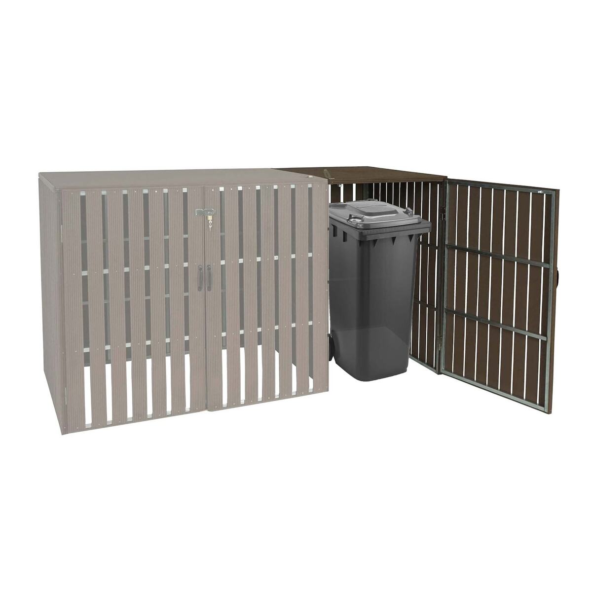 Bild 1 von 1er WPC-Mülltonnenverkleidung Erweiterung MCW-J28, Mülltonnenbox, Metall Holzoptik ~ braun