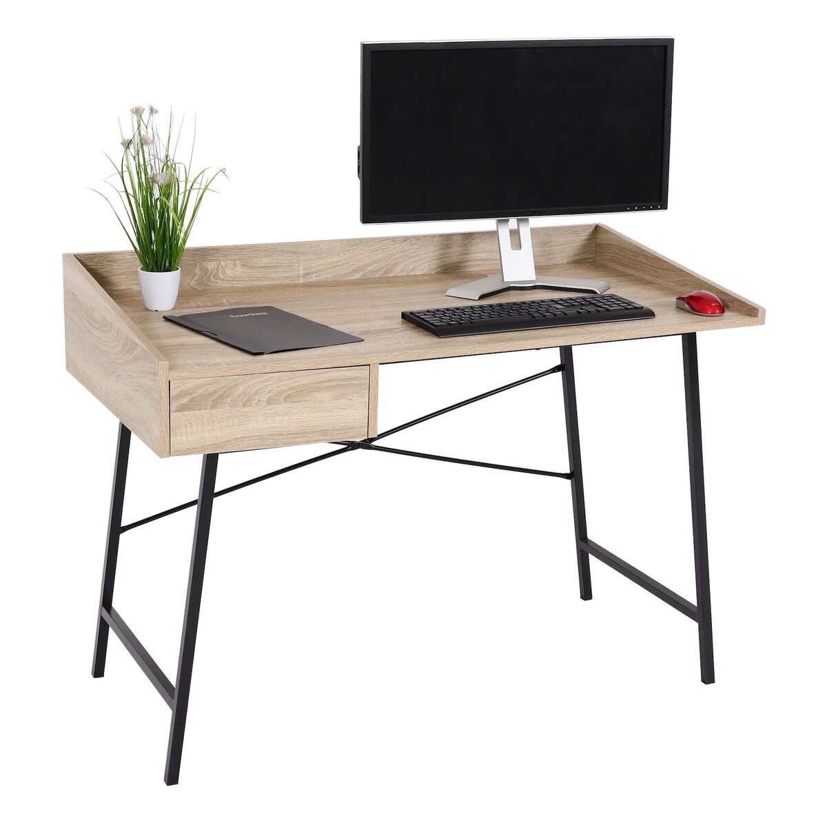 Bild 1 von Schreibtisch MCW-J97, Bürotisch Computertisch, Schublade 3D-Struktur 98x114x60cm MVG-zertifiziert ~ Eiche-Optik