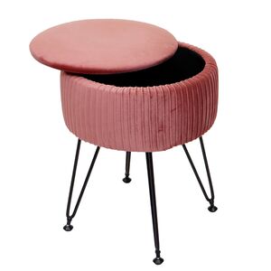 Sitzhocker MCW-K47, Hocker mit Staufach, Ø 33cm, Samt-Optik ~ rosa, Gestell schwarz