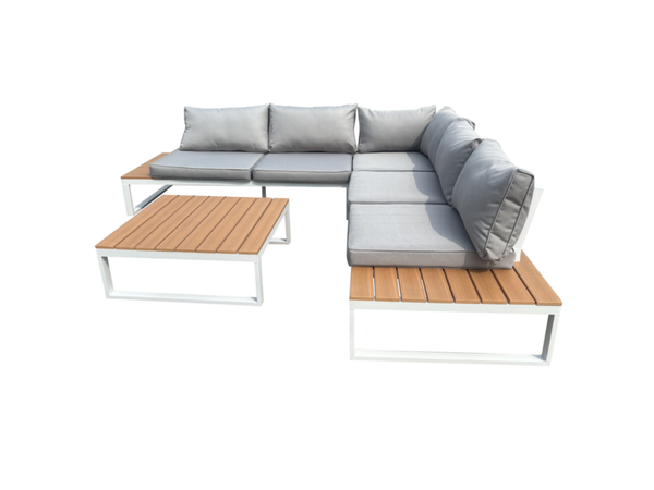 Bild 4 von Happy Home 14 tlg. Loungeset aus Aluminium inkl. Auflagen HGS64-HGR hellgrau mit Holzoptik