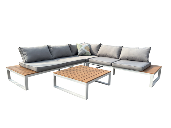 Bild 3 von Happy Home 14 tlg. Loungeset aus Aluminium inkl. Auflagen HGS64-HGR hellgrau mit Holzoptik