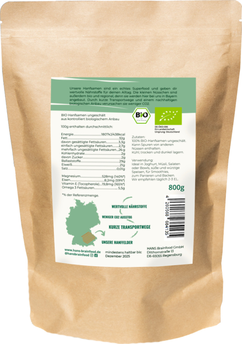 Bild 2 von HANS Brainfood Bio Ungeschälte Hanfsamen, 800 g