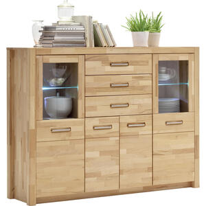 Landscape Highboard kernbuche massiv buchefarben , Fenja , Holz, Glas , massiv,massiv,massiv , 5 Fächer , 3 Schubladen , 163x122x40 cm , geölt,Echtholz , Beimöbel erhältlich, Beleuchtung,Beimöbe