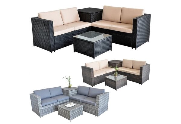 Bild 1 von Melko Gartenlounge-Set »Rattanlounge + Tisch und Kissenbox in Schwarz Grau Braun Garten Sofa Lounge Gartenmöbel Couch Ecksofa Wohnlandschaft Sitzer Design Gartensofa Lounge«, (Set), Sicherheitsgla