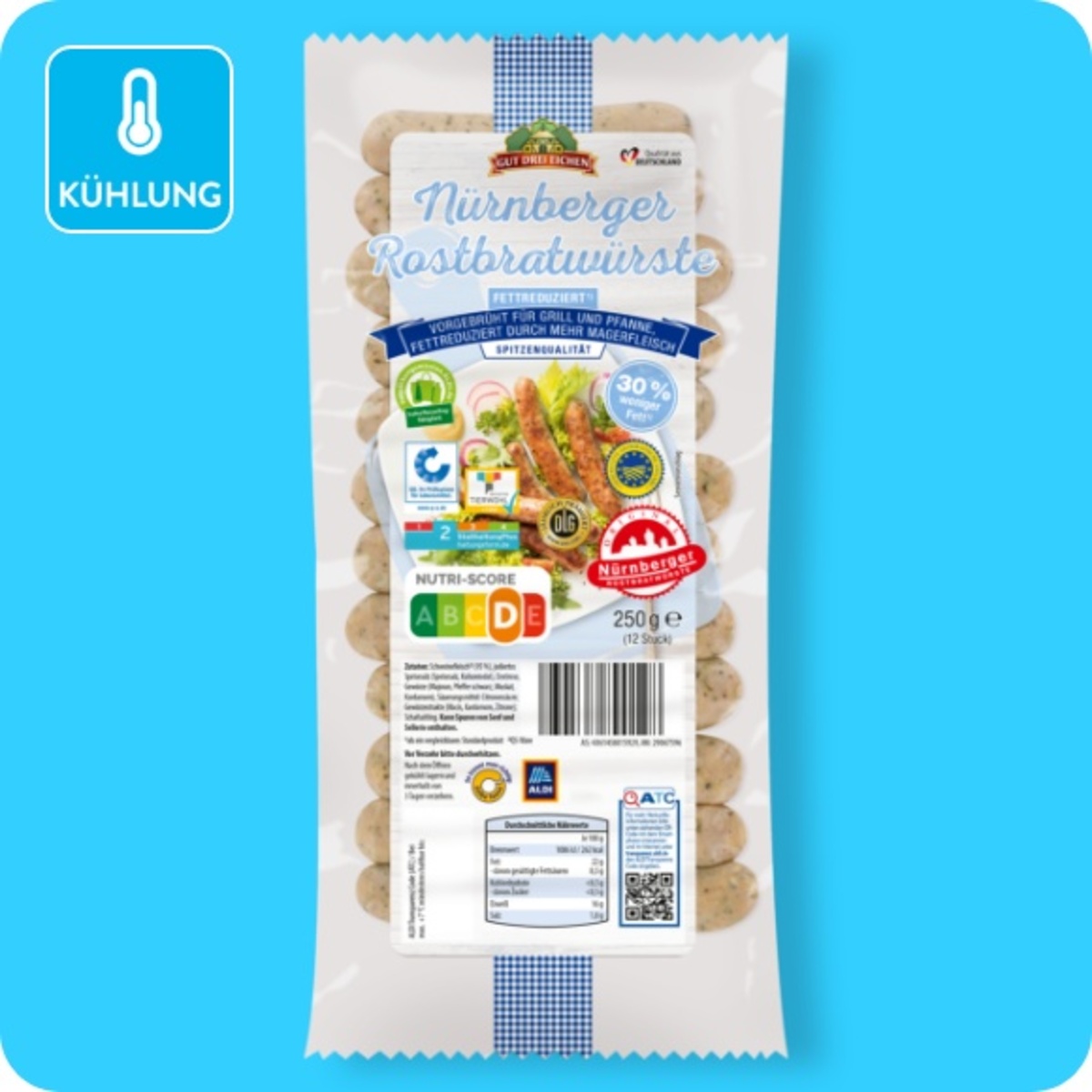 Bild 1 von GUT DREI EICHEN Nürnberger Rostbratwürste, Fettreduziert (mit Magerfleisch und 30 % weniger Fett als ein vergleichbares Standardprodukt)