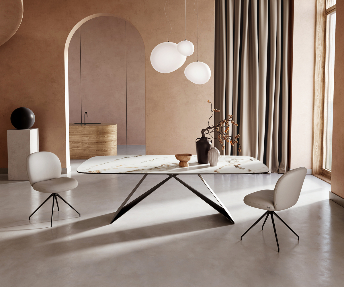 Bild 1 von Esstisch Edge Boot 240x120 Keramik Calacatta Luxe Weiß-Gold-Grau V-Gestell Flachstahl Schwarz