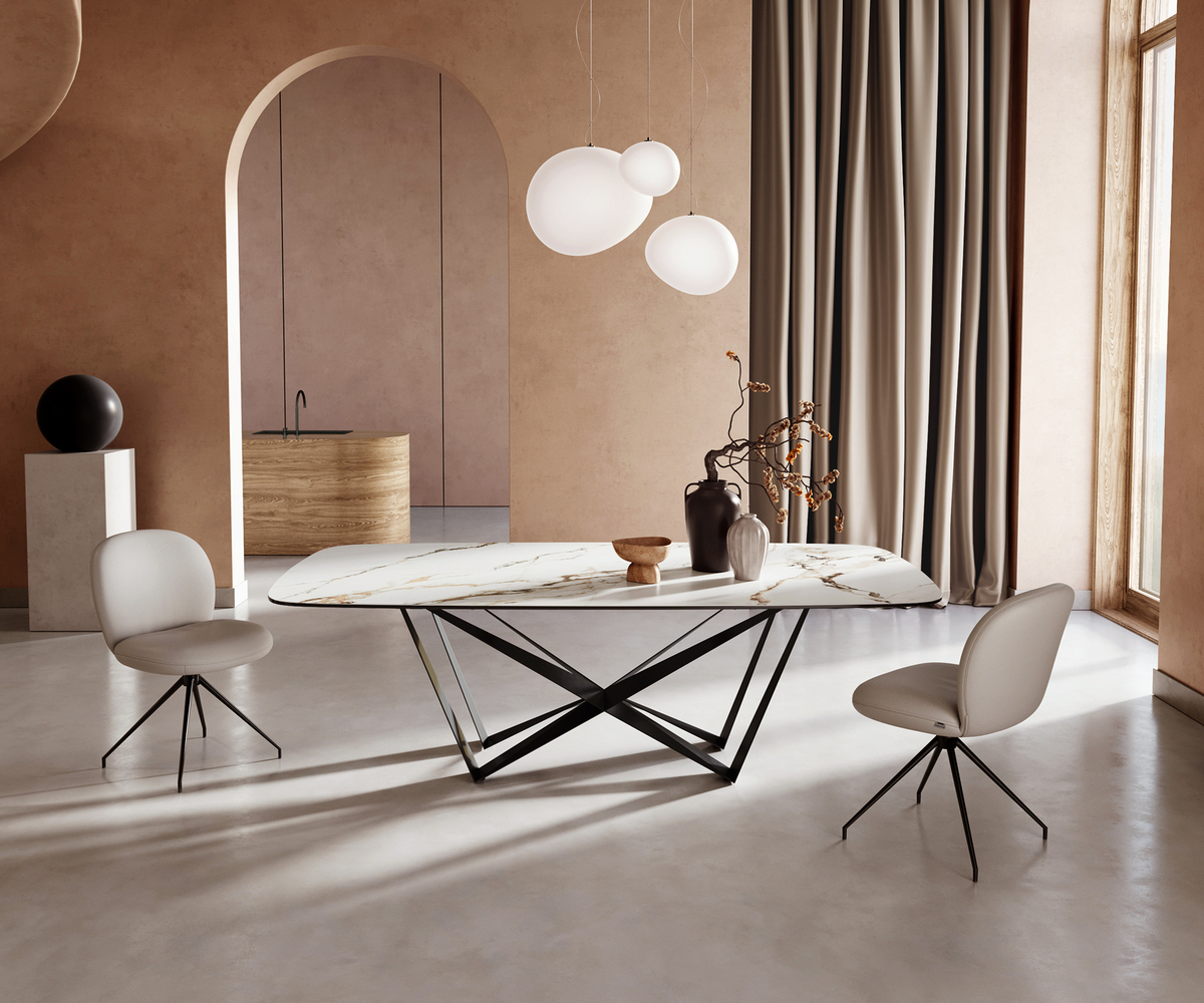 Bild 1 von Esstisch Edge Boot 240x120 Keramik Calacatta Luxe Weiß-Gold-Grau Spider Flachstahl Schwarz