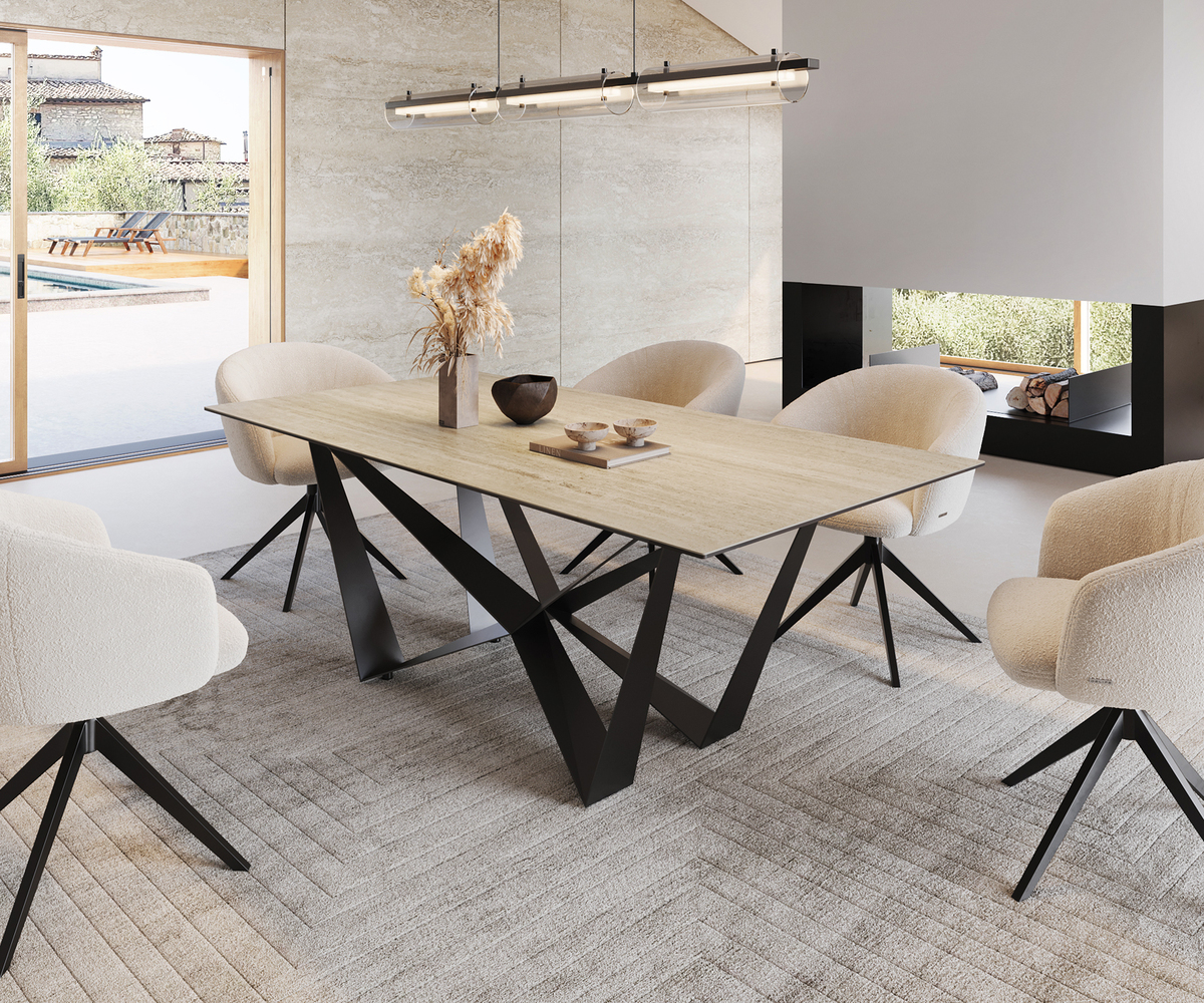 Bild 1 von Esstisch Edge 200x100 Keramik Travertin Natur Spider Flachstahl Schwarz