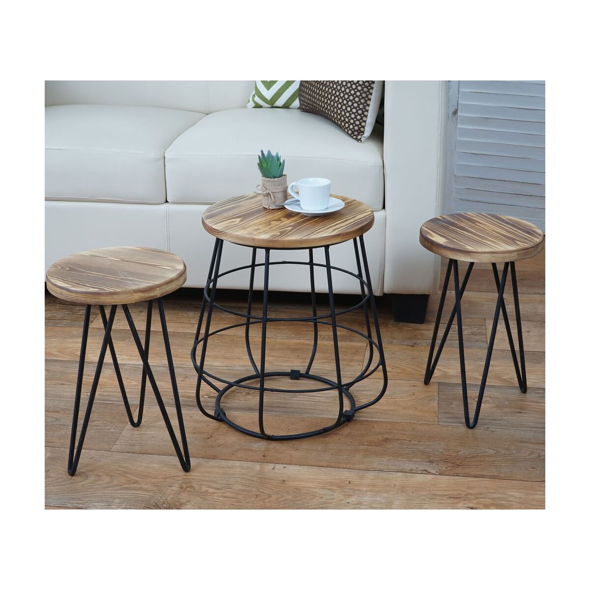 Bild 1 von 2er-Set Sitzhocker mit Tisch MCW-A80, Sitzgruppe, Industriedesign Echtholz MVG-zertifiziert