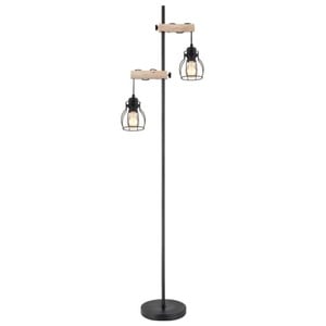 GLOBO Retrofit Stehlampe Mina II 2-flg Schwarz/Naturfarbig 23x38,5cm H.150cm Metall,Holz,Geflecht,Matt,Ein-/Ausschalter inklusive,Schnurschalter,höhenverstellbar,Innen