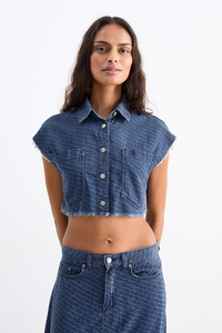 C&A Crop Jeansbluse-gemustert, Blau, Größe: 34