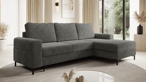 Ecksofa SAIGON Cord Anthrazit Grau mit Bettfunktion und Bettkasten Ottomane rechts