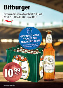 Bitburger Premium Pils oder Alkoholfrei 0,0 % HerbGewinne 2 von 6 Tickets zur UEFA EURO 2024!