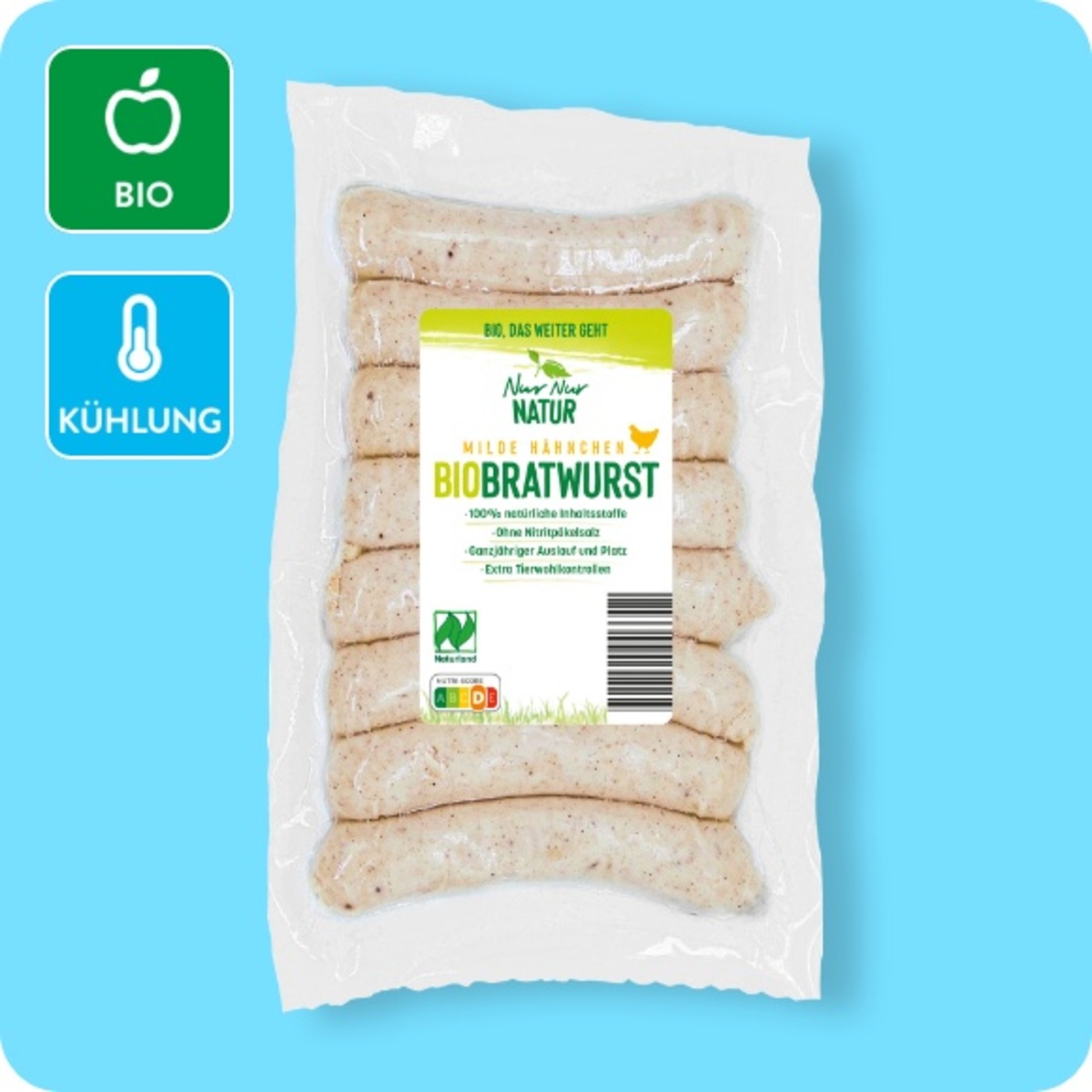 Bild 1 von NUR NUR NATUR Bio-Bratwurst

, Milde Hähnchen-Bratwurst