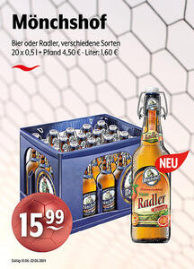 Mönchshof Bier oder Radler
verschiedene Sorten