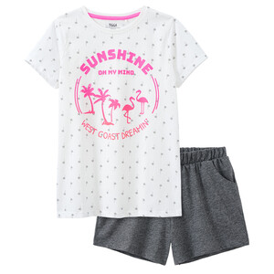 Mädchen Shorty mit Flamingo-Motiv WEISS / NEONPINK / DUNKELGRAU