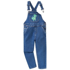 Jungen Jeanslatzhose mit Dino-Stickerei DUNKELBLAU