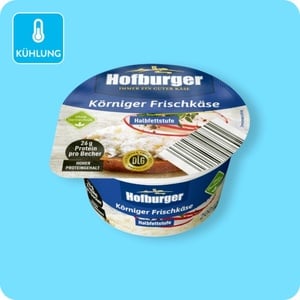 HOFBURGER Körniger Frischkäse, Classic oder leicht (91 % weniger Fett als herkömmlicher Körniger Frischkäse mit
20 % Fett i. Tr.)