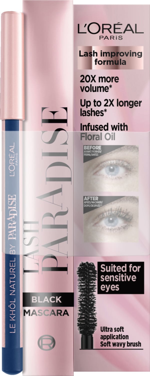 Bild 1 von L’Oréal Paris Paradise-Set: Lash Paradise Mascara schwarz & Le Khôl Naturell by Paradise 107 Deep Sea Blue, 8 g
    
    
    1x Lash Paradise Mascara Black, 6,4ml 1x Le Khôl K