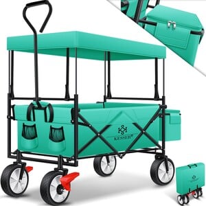 KESSER® Bollerwagen faltbar mit Dach Handwagen Transportkarre Gerätewagen   inkl. 2 Netztaschen und Einer Außentasche   klappbar   Vollgummi-Reifen   bis 100 kg Tragkraft   Mit Vorderrad-Bremse