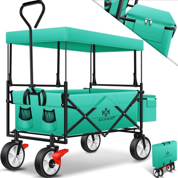 Bild 1 von KESSER® Bollerwagen faltbar mit Dach Handwagen Transportkarre Gerätewagen   inkl. 2 Netztaschen und Einer Außentasche   klappbar   Vollgummi-Reifen   bis 100 kg Tragkraft   Mit Vorderrad-Bremse