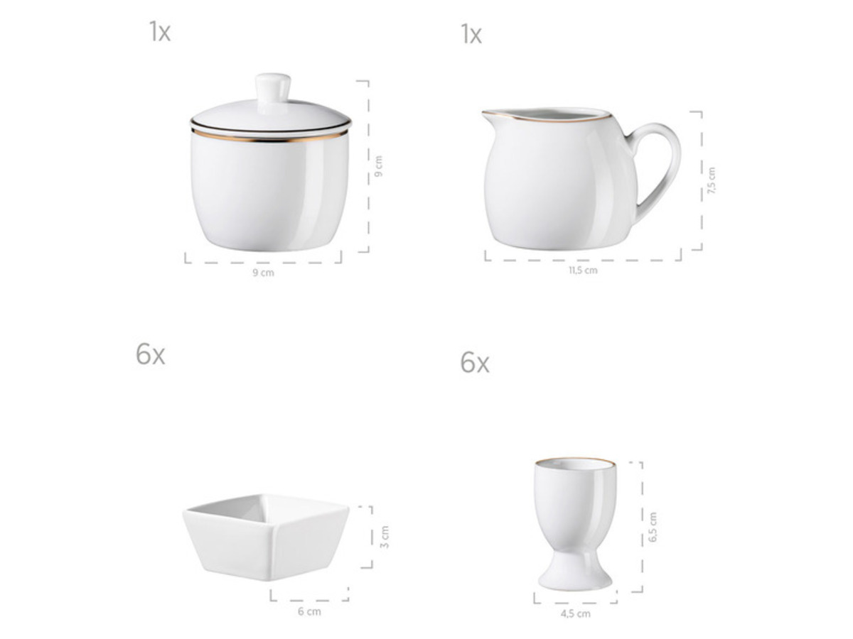Bild 3 von MÄSER Serie Professional Dining, Zubehör Set aus Müslischalen, Eierbechern, Schüsseln, Zuckerdose, Milchkännchen, Dipschälchen und Servierplatten, 24-teilig, Weiß mit Goldrand
