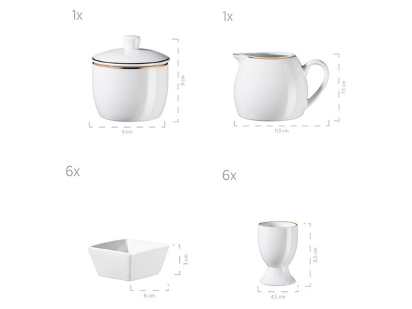 Bild 3 von MÄSER Serie Professional Dining, Zubehör Set aus Müslischalen, Eierbechern, Schüsseln, Zuckerdose, Milchkännchen, Dipschälchen und Servierplatten, 24-teilig, Weiß mit Goldrand