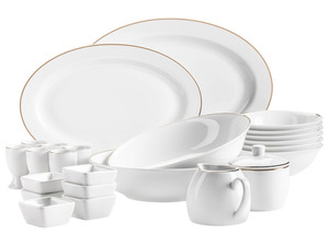 MÄSER Serie Professional Dining, Zubehör Set aus Müslischalen, Eierbechern, Schüsseln, Zuckerdose, Milchkännchen, Dipschälchen und Servierplatten, 24-teilig, Weiß mit Goldrand