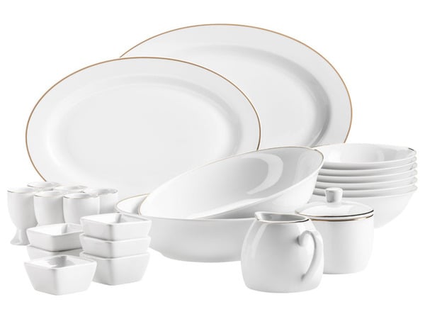 Bild 1 von MÄSER Serie Professional Dining, Zubehör Set aus Müslischalen, Eierbechern, Schüsseln, Zuckerdose, Milchkännchen, Dipschälchen und Servierplatten, 24-teilig, Weiß mit Goldrand