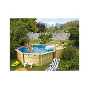 Karibu   Achteck Massivholz Pool 428 x 428 x 124 cm Modell 2C   SET inkl. Sonnenterrasse 96 x 199 cm, Zubehör und Pool Leitern