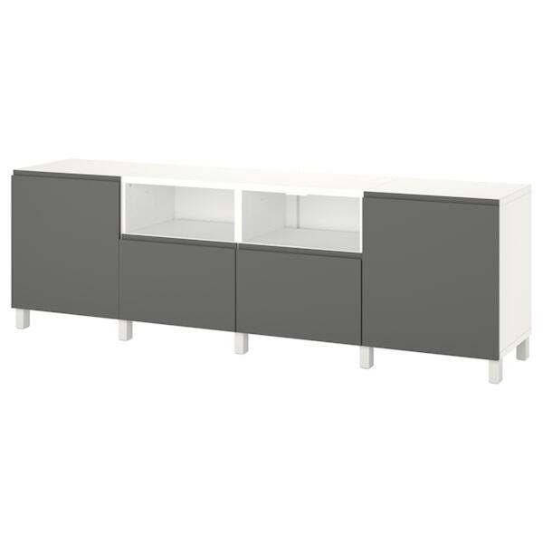 Bild 1 von BESTÅ  TV-Bank mit Türen und Schubladen, weiß/Västerviken/Stubbarp dunkelgrau 240x42x74 cm