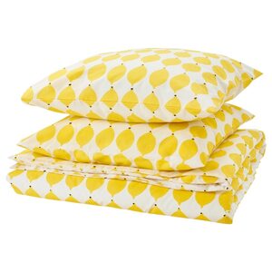 NORSKNOPPA  Bettwäsche-Set, 3-teilig, weiß/gelb/gemustert 240x220/80x80 cm