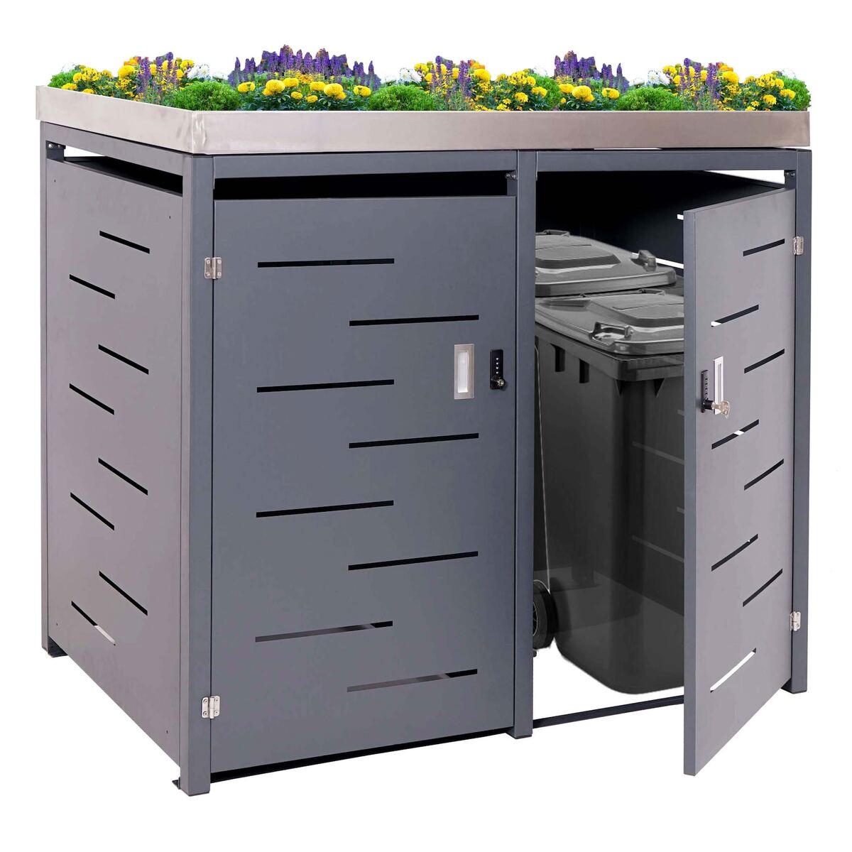 Bild 1 von XL 2er-/4er-Mülltonnenverkleidung MCW-H40, Mülltonnenbox, Pflanzkasten Edelstahl-Metall 63kg 125x140x102cm erweiterbar