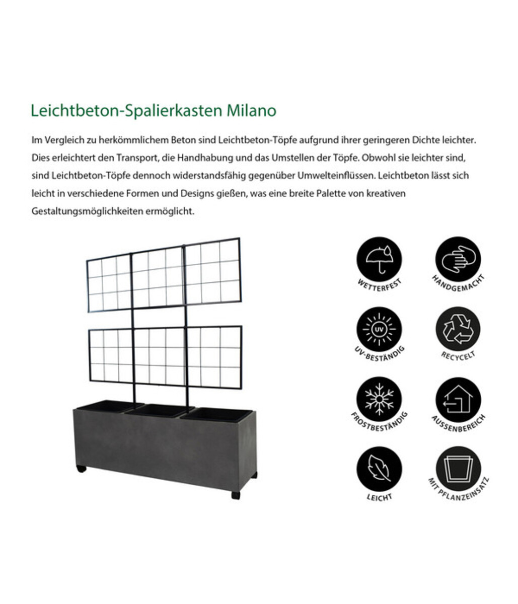 Bild 3 von Dehner Leichtbeton-Spalierkasten Milano mit Rollen + 3 Pflanzeinsätzen, grau, ca. B100/H130/T35 cm